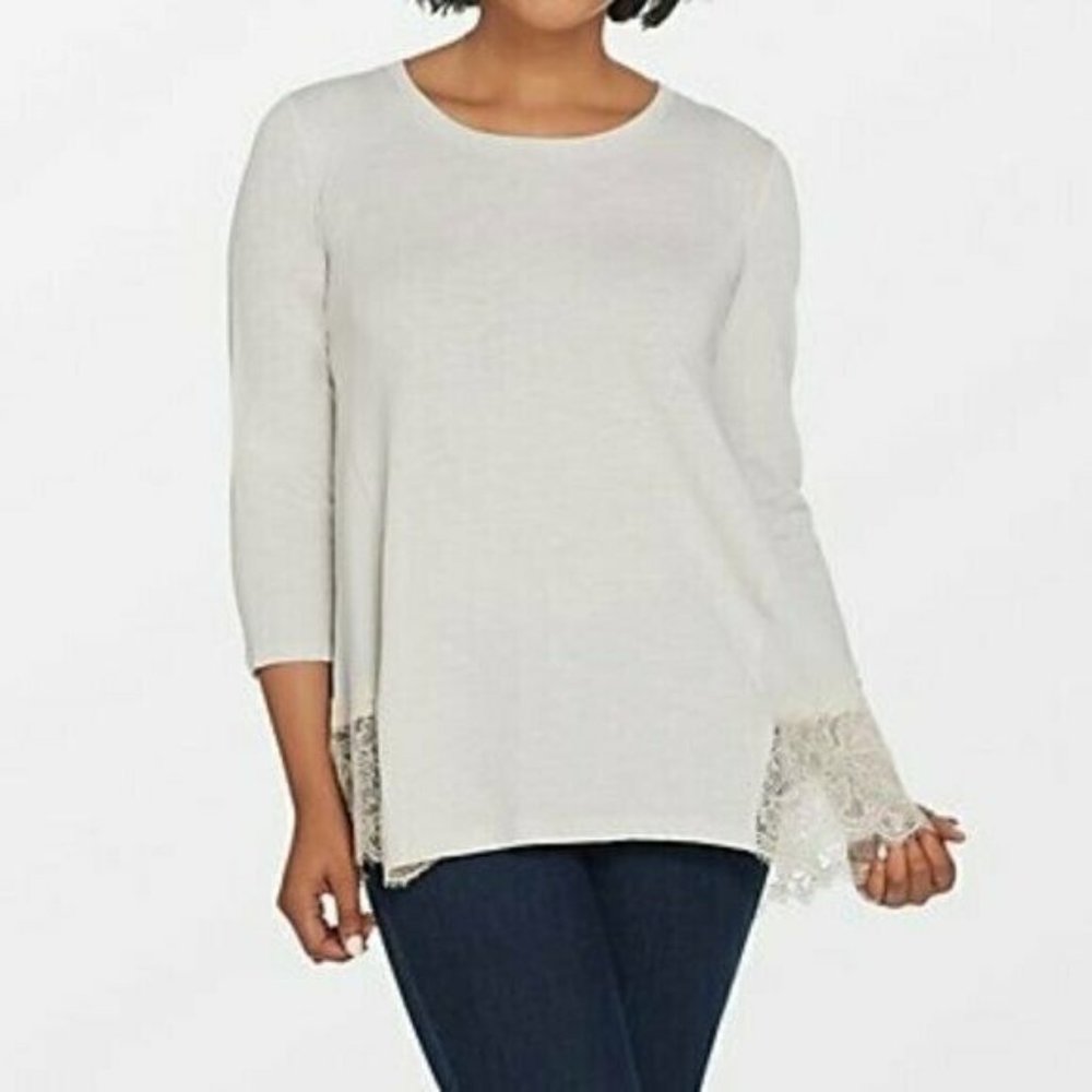 LOGO by Lori Goldstein Womens Top Size S Beige Slub Knit Lace Back A307252 NEW